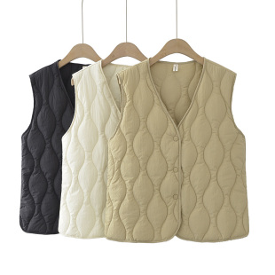 可外穿v领葫芦格棉衣背心坎肩 胖mm时尚 棉马甲女大码 2024秋冬新款