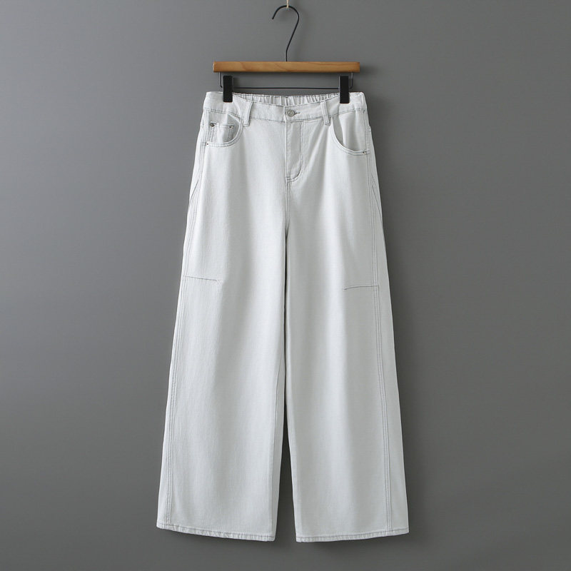 白色牛仔裤女大码半松紧高腰宽松阔腿高个子胖妹mm200斤拖地长裤