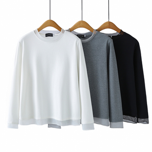 t恤女大码 网纱拼接遮肚子打底衫 200斤胖mm春装 时尚 2026年新款 长袖