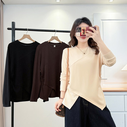 打底衫胖妹妹时尚不规则开叉上衣