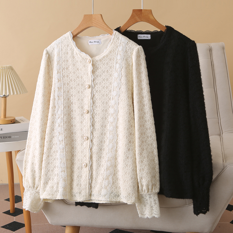 蕾丝衬衫女大码秋冬加绒长袖上衣