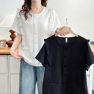 夏装 胖妹妹减龄遮肚子钉扣半袖 木耳边短袖 女2026新款 上衣 衬衫 大码