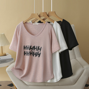 胖mm短袖 新款 字母印花u领显瘦宽松遮肚上衣 2024夏季 正肩t恤女大码