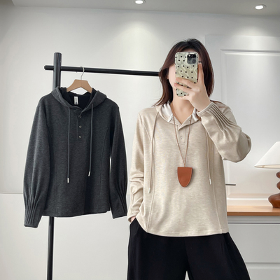 连帽打底衫加厚女大码褶皱袖上衣