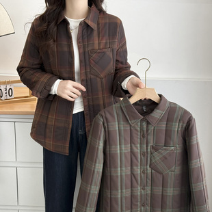 胖mm200斤韩版 2024秋冬新款 显瘦保暖格子衬衣 外套女大码 夹棉衬衫