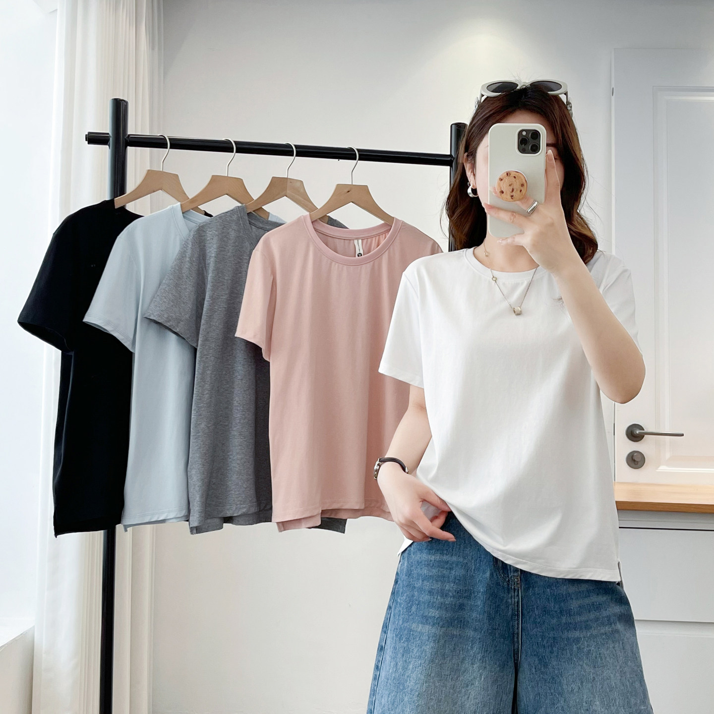 纯色光板t恤女夏季大码短袖胖m简约前短后长开叉宽松休闲半袖上衣