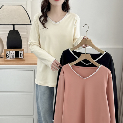 德绒打底衫大码蕾丝花边v领上衣