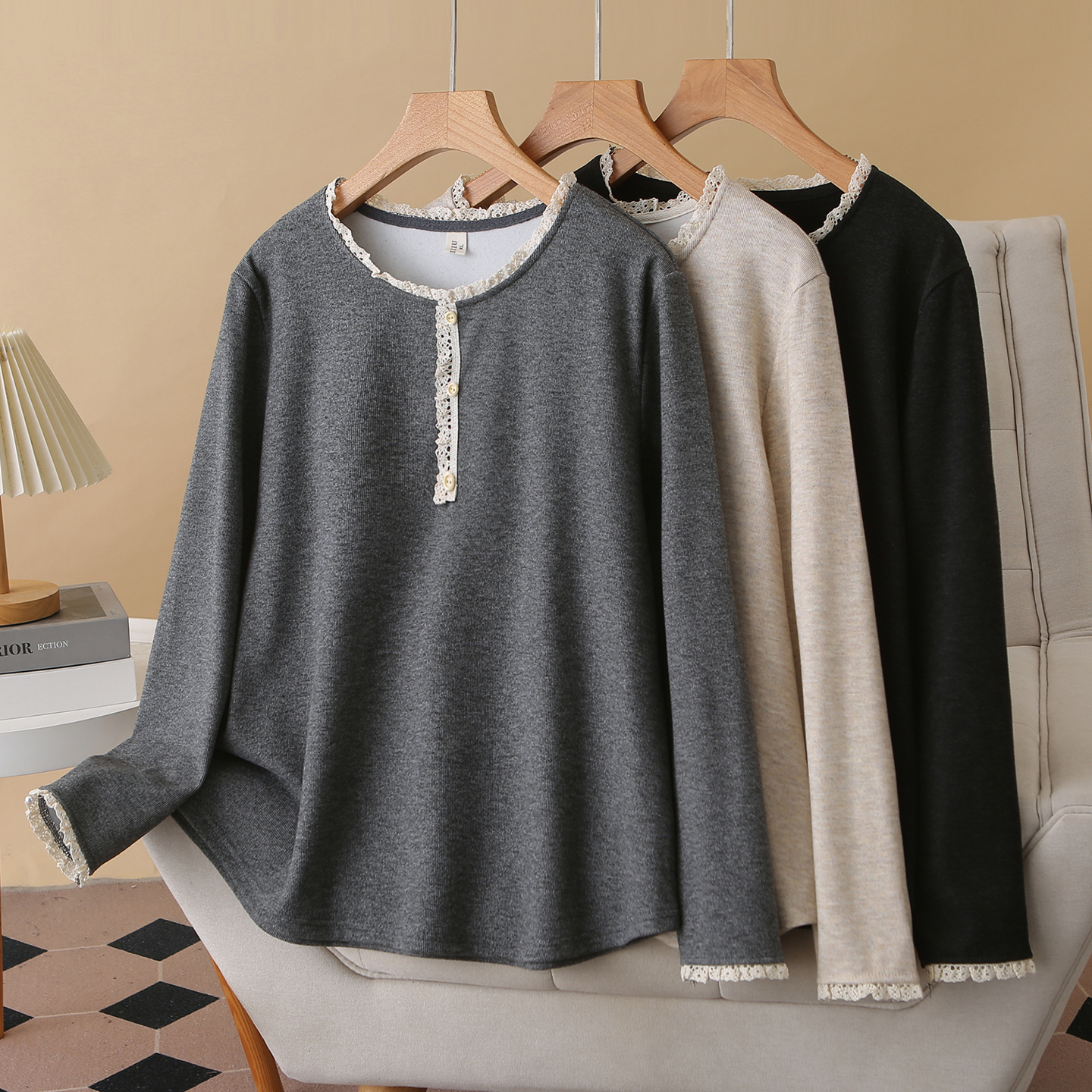打底衫胖妹妹蕾丝拼接圆领上衣女