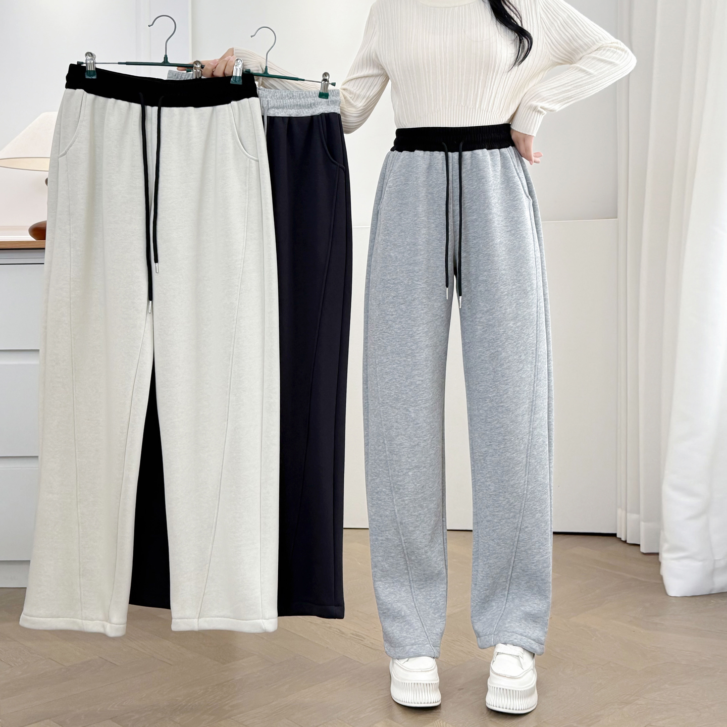 加绒弯刀裤女大码拼色腰头休闲裤