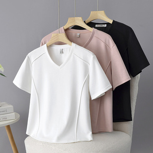 胖mm简约纯色显瘦鱼骨线遮肚子半袖 大码 新款 2025夏季 t恤女v领短袖