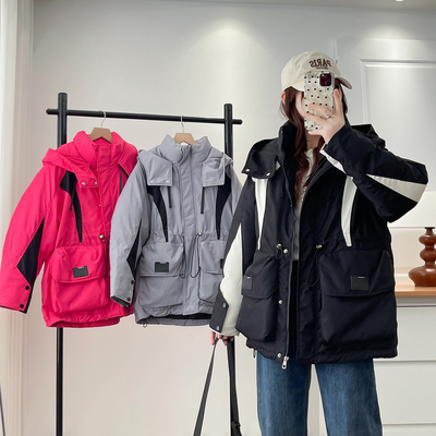 大码中长款棉服抽绳收腰连帽棉衣