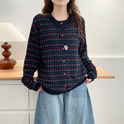 针织衫大码女胖mm小碎花开衫毛衣