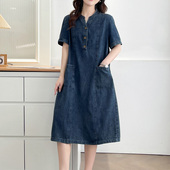 大码 牛仔裙子 加肥加大200斤宽松休闲短袖 遮肚连衣裙2025夏季 新款