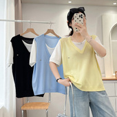女大码 胖妹妹时尚 短袖 冰丝针织衫 2025夏季 新款 撞色拼接假两件半袖