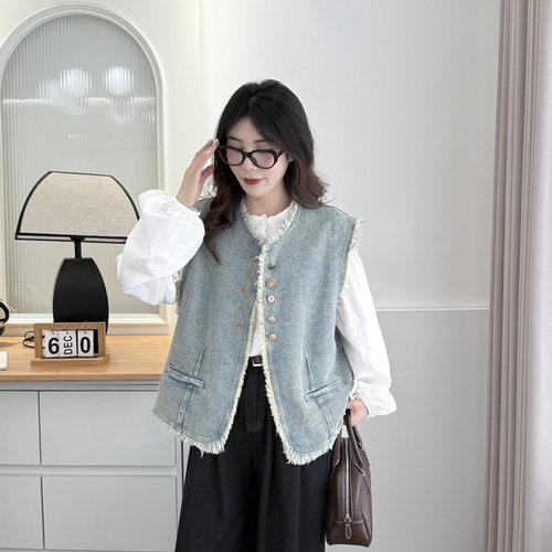 时髦洋气大码胖mm流苏牛仔马甲女