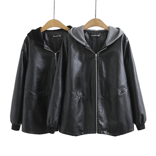拼接连帽pu皮宽松休闲女士上衣 2023年新款 皮衣外套女大码 胖mm春装