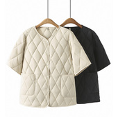 短袖 马甲坎肩 胖妹mm200斤显瘦保暖菱形格半袖 棉衣女2024新款 大码