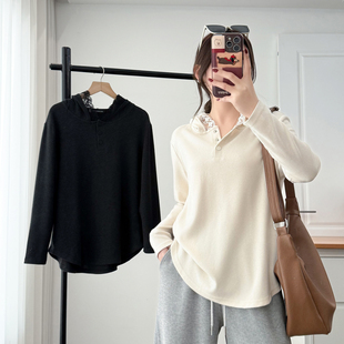 胖mm大码打底衫女2026年春季新款显瘦正肩遮肚子蕾丝花边连帽上衣