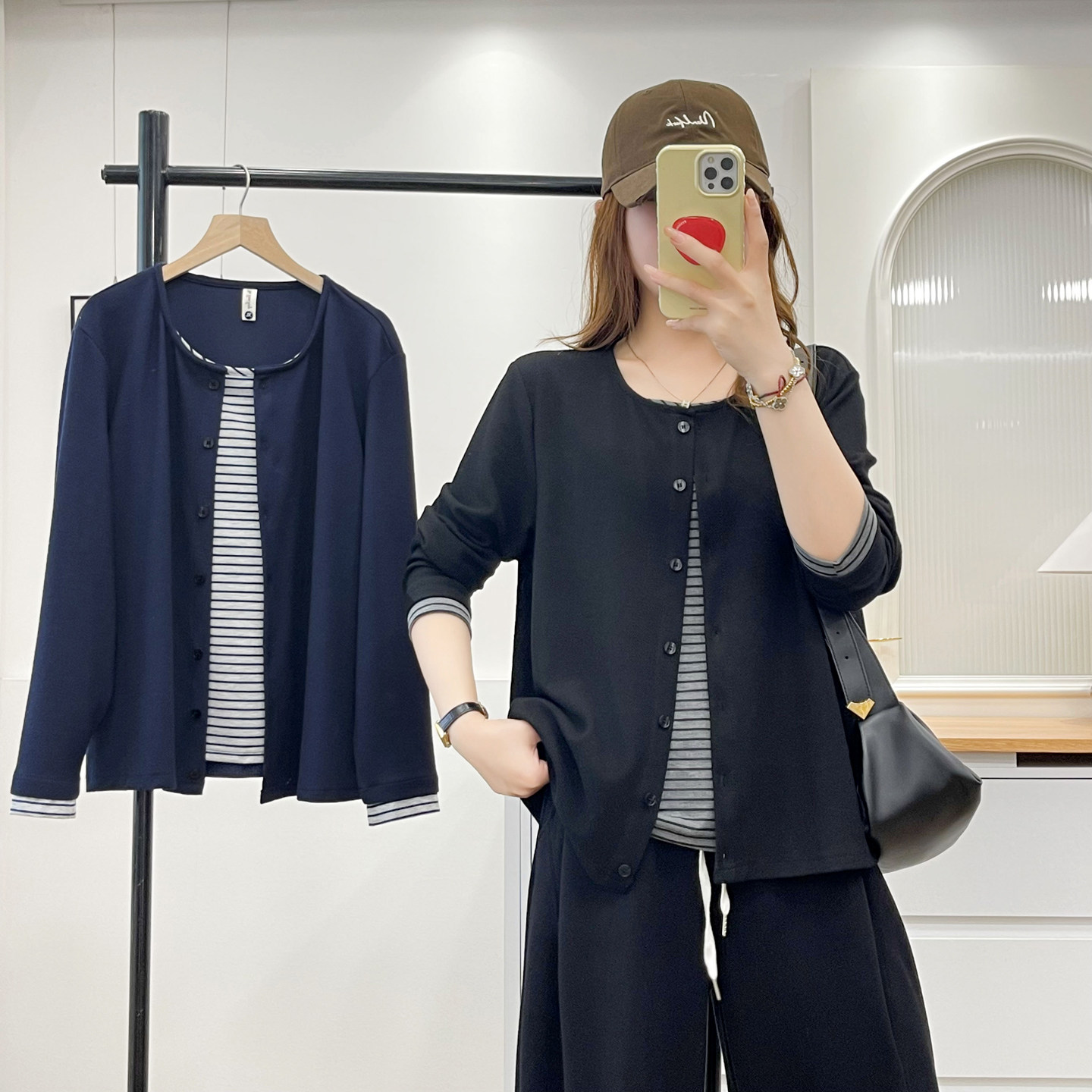 大码上衣女显瘦遮肚2026秋季新款胖妹妹条纹拼接假两件长袖套头衫