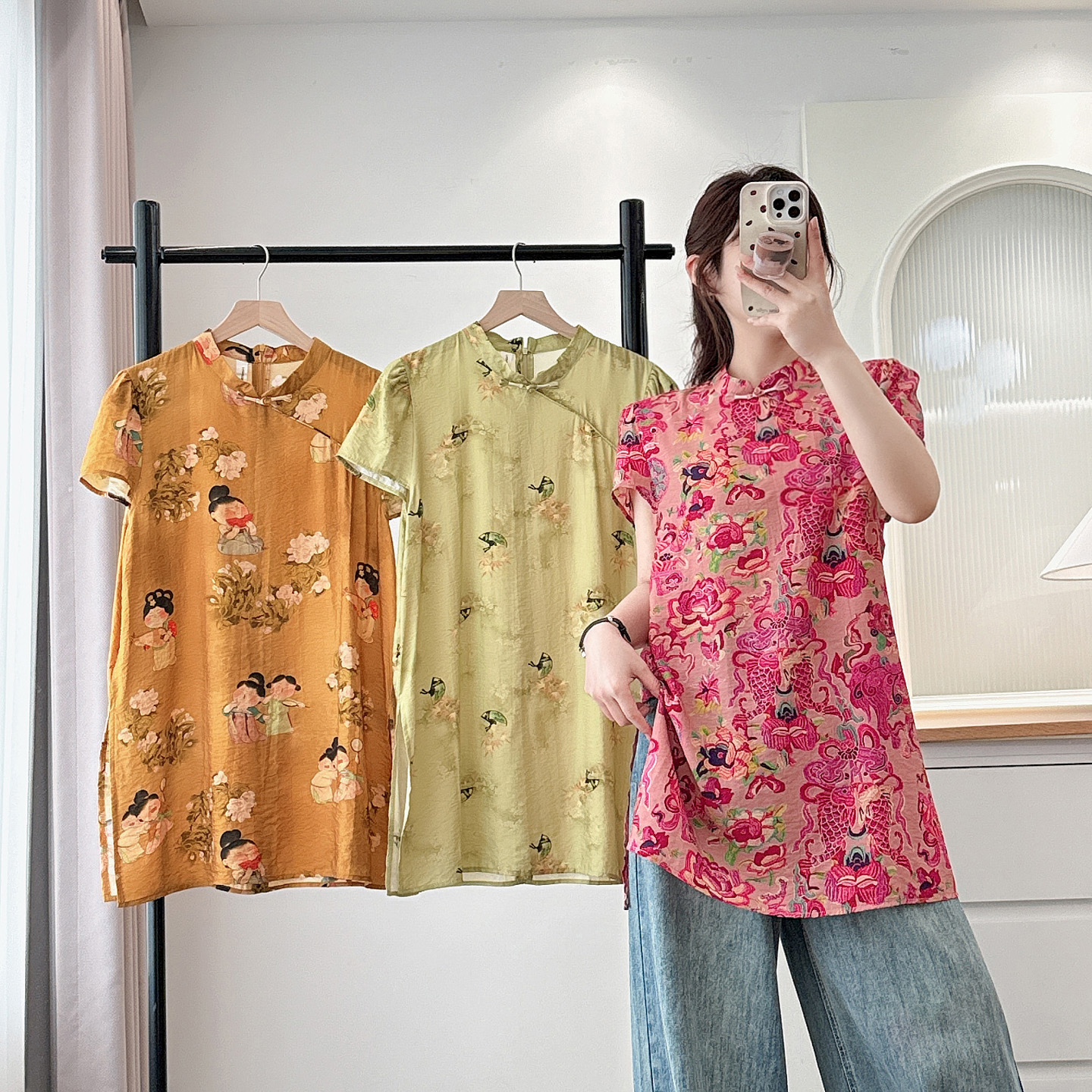 大码旗袍上衣中国风印花开叉短袖