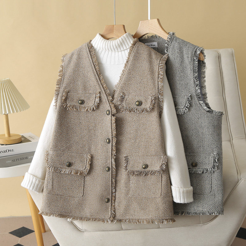 小香风马甲大码女胖mm春秋2024新款时尚v领流苏宽松坎肩无袖外套,女装/女士精品,马夹,淘宝优惠券,粉丝福利购,淘宝优惠卷