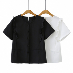 新款 2026夏装 胖m200斤时尚 钉扣木耳边宽松半袖 短袖 衬衫 上衣女大码
