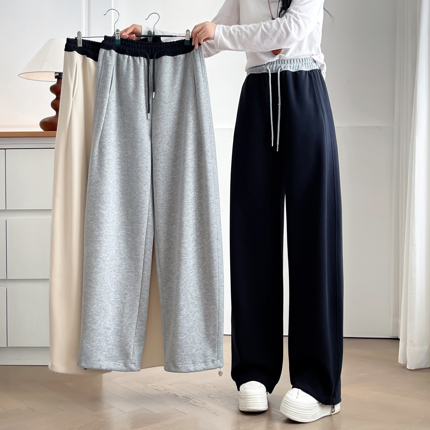 休闲运动裤女大码2025秋冬新款拼色腰头裤脚抽绳束脚阔腿两穿卫裤,女装/女士精品,休闲裤,淘宝优惠券,粉丝福利购,淘宝优惠卷