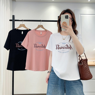 200斤简约字母印花遮肚子正肩半袖 胖mm短袖 大码 新款 t恤女2026夏季