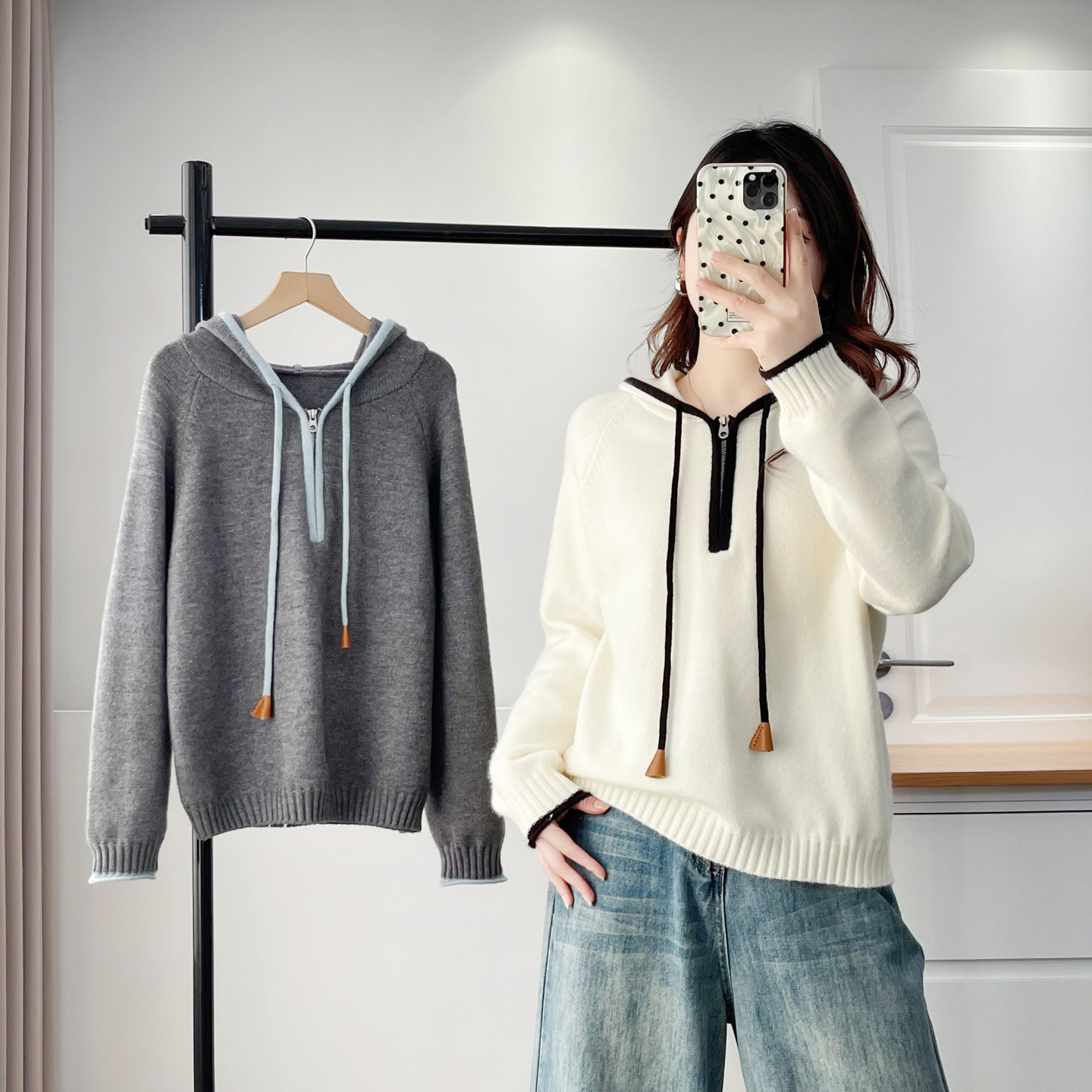 大码毛衣女带帽2025秋冬新款胖mm200斤时尚拼色半拉链打底针织衫,女装/女士精品,毛针织衫,淘宝优惠券,粉丝福利购,淘宝优惠卷