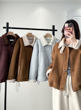 加绒加厚外套女大码秋冬2025新款胖mm时尚下摆抽绳宽松麂皮绒上衣