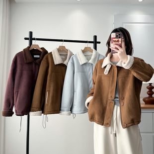 下摆抽绳宽松麂皮绒上衣 胖mm时尚 加绒加厚外套女大码 秋冬2025新款