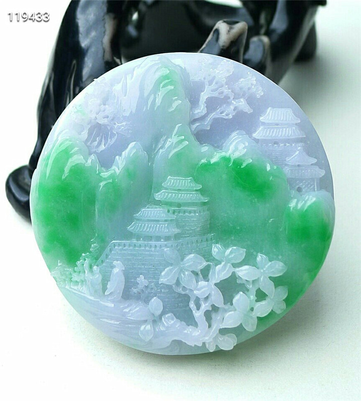 天然翡翠A货老坑种翡翠 精雕阳绿色高山流水吊坠 配证书