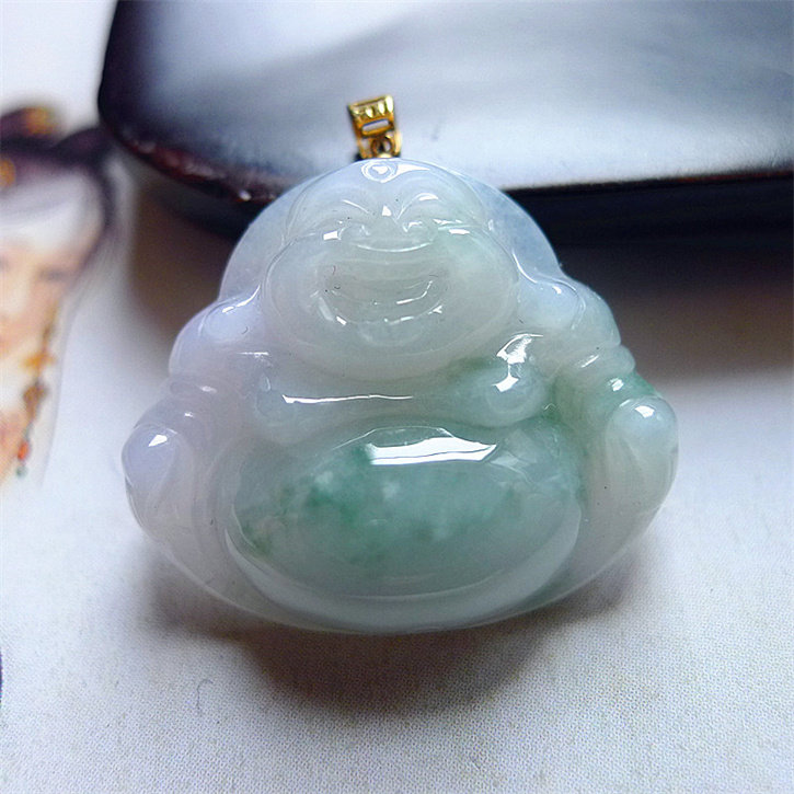 天然缅甸翡翠A货老坑种精美水润双彩佛公18K金扣吊坠配证书