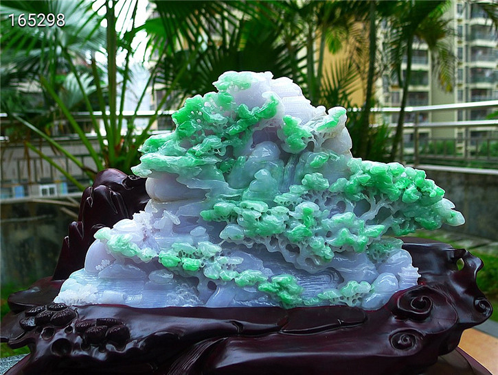 天然翡翠A货老坑种精雕水润阳绿色高山流水摆件配证书