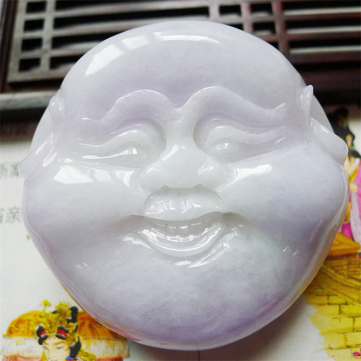 天然翡翠A货老坑种精雕水润紫罗兰佛公皮带头配证书