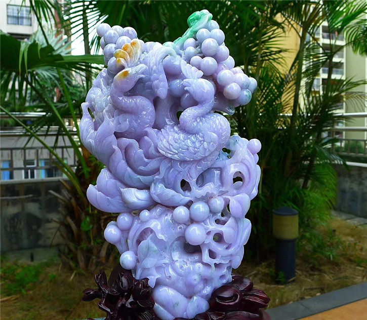 缅甸天然翡翠A货老坑种 精雕紫罗兰花开富贵摆件 配证书