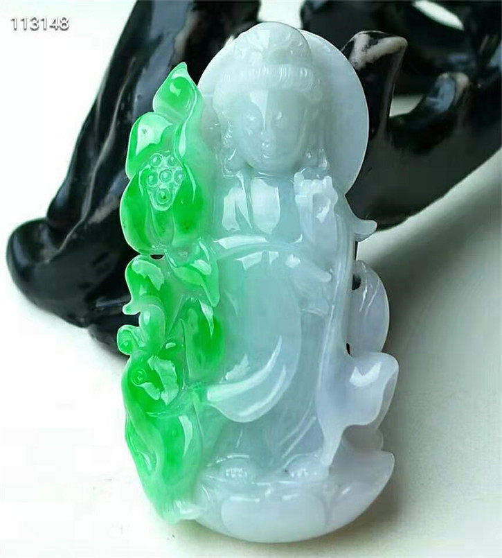 正品天然翡翠A货老坑种翡翠 精美阳绿色观音吊坠 配鉴定证书