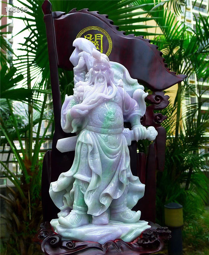 缅甸天然翡翠A货老坑种 精雕紫罗兰关公摆件 配证书