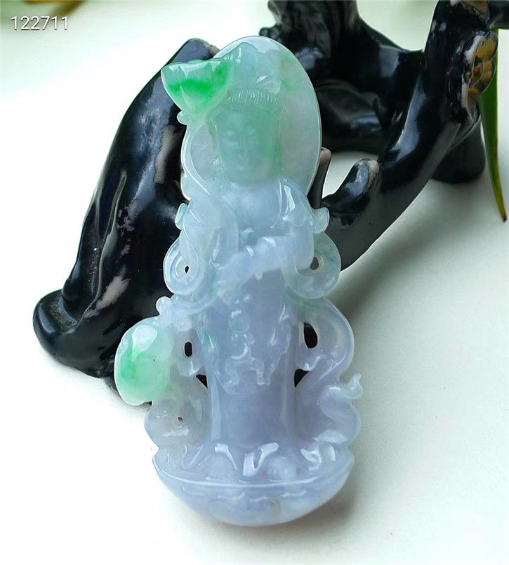 缅甸天然翡翠A货老坑种 精雕莲花观音菩萨吊坠 配证书