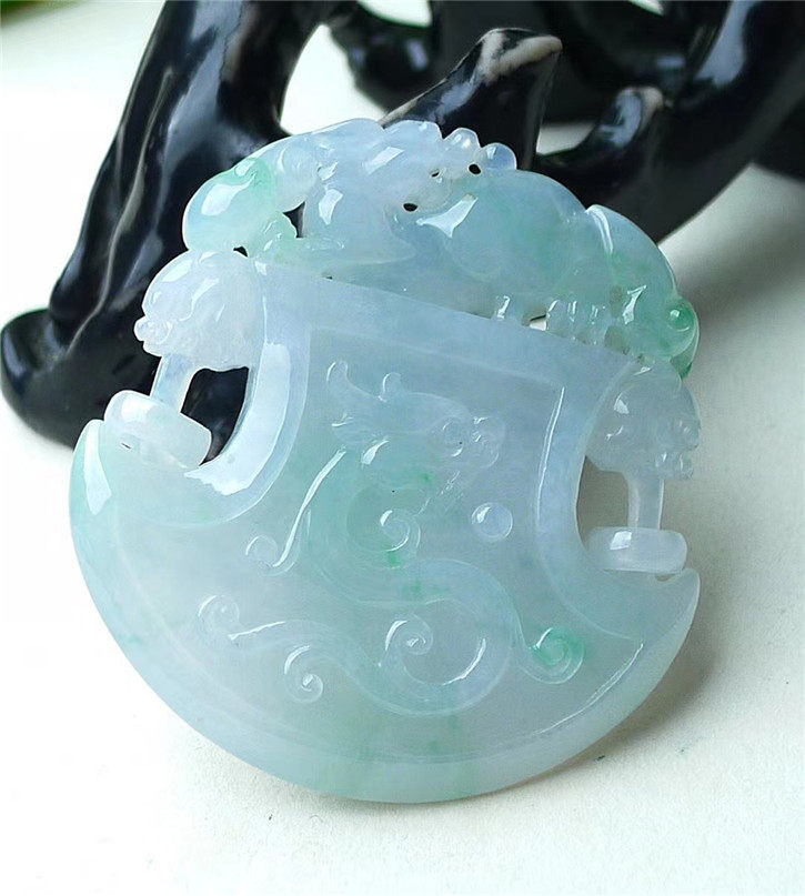 缅甸天然翡翠A货老坑种 精雕龙凤吉祥吊坠 配证书
