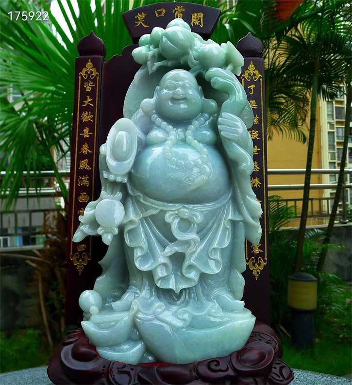 天然翡翠A货老坑种精雕笑口常开佛公摆件配证书