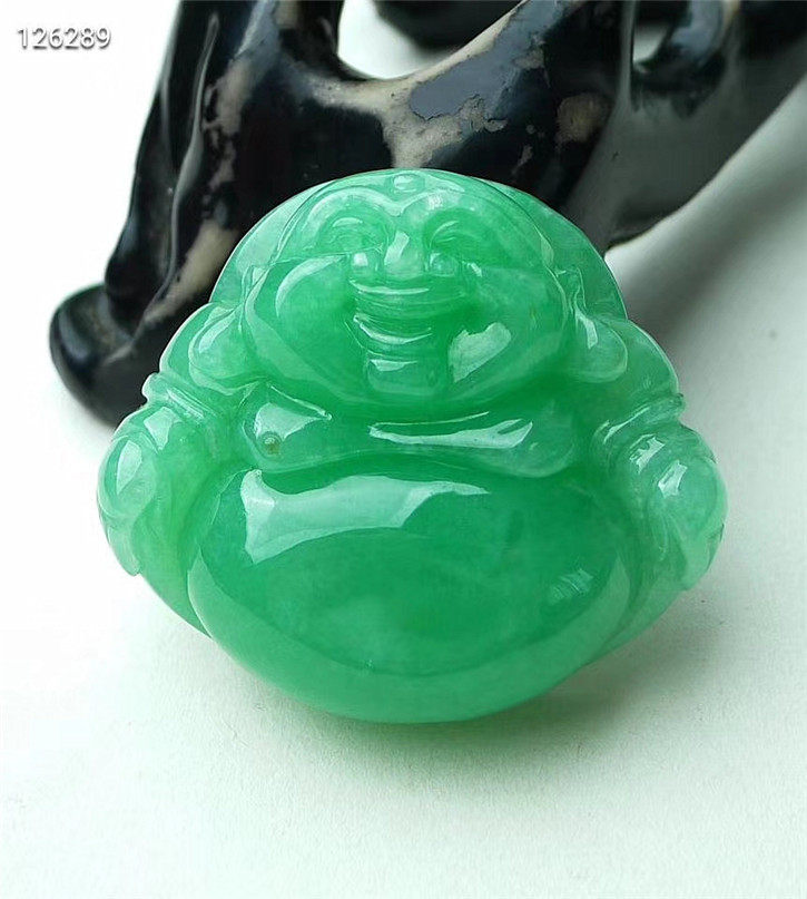 缅甸天然翡翠A货老坑种 精雕阳绿色佛公吊坠 配证书