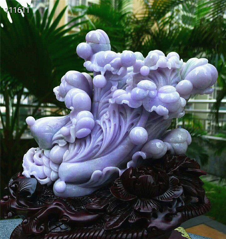 正品天然翡翠A货老坑种翡翠 紫罗兰招财白菜摆件 配鉴定证书