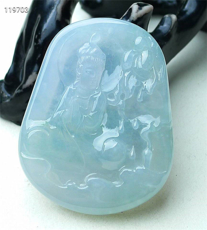 缅甸天然翡翠A货老坑种 精雕水润观音吊坠 配证书