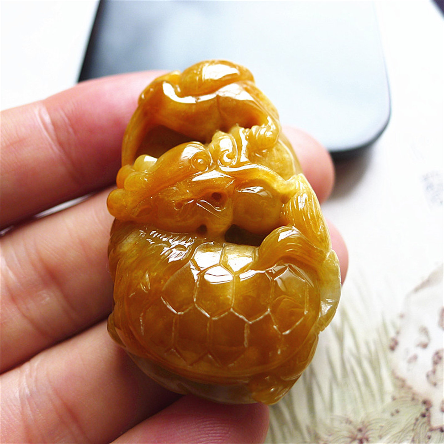 天然缅甸翡翠A货老坑种精雕精美水润龙头龟闲云野鹤吊坠配证书