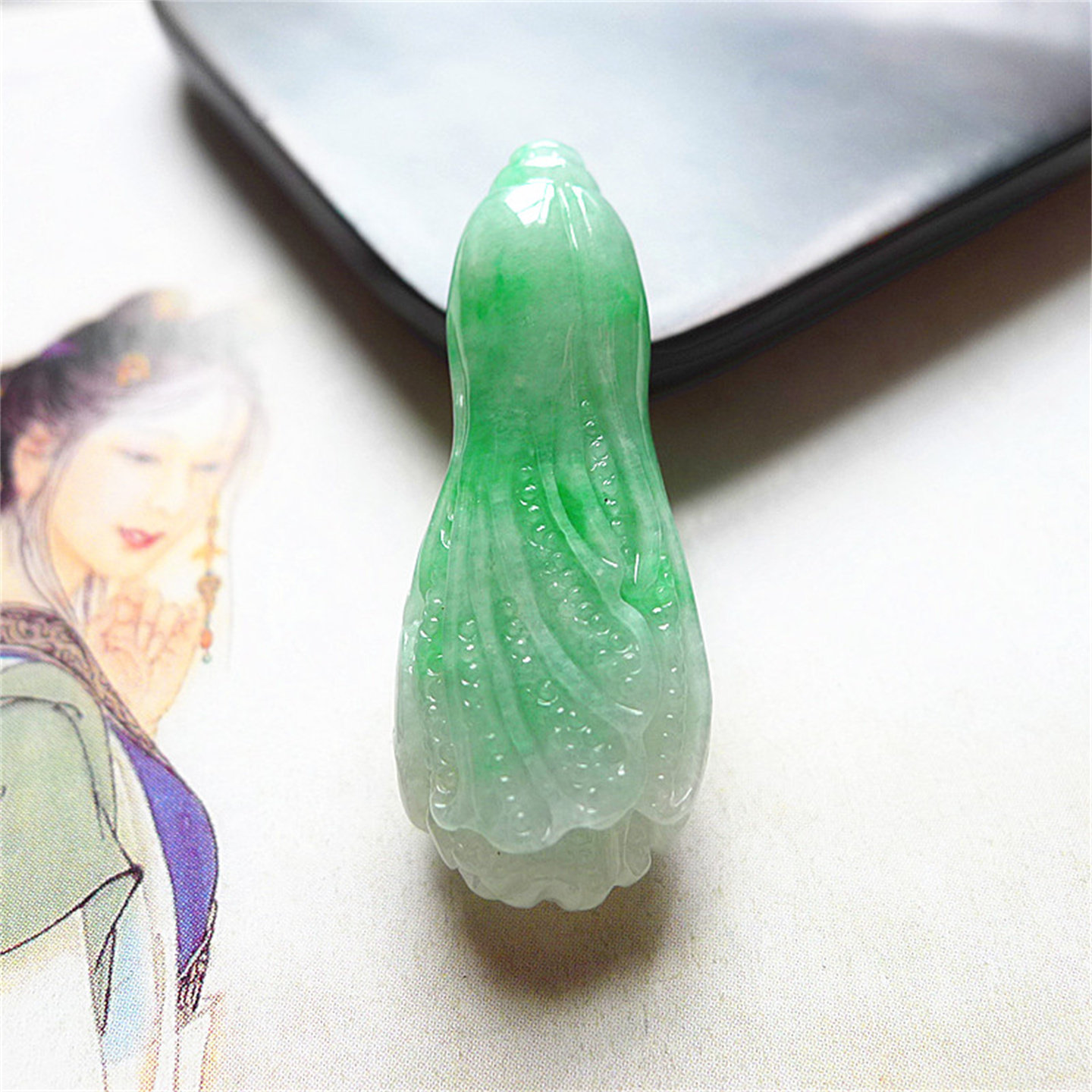 天然缅甸翡翠A货老坑种精美水润阳绿色白菜百财吊坠配证书