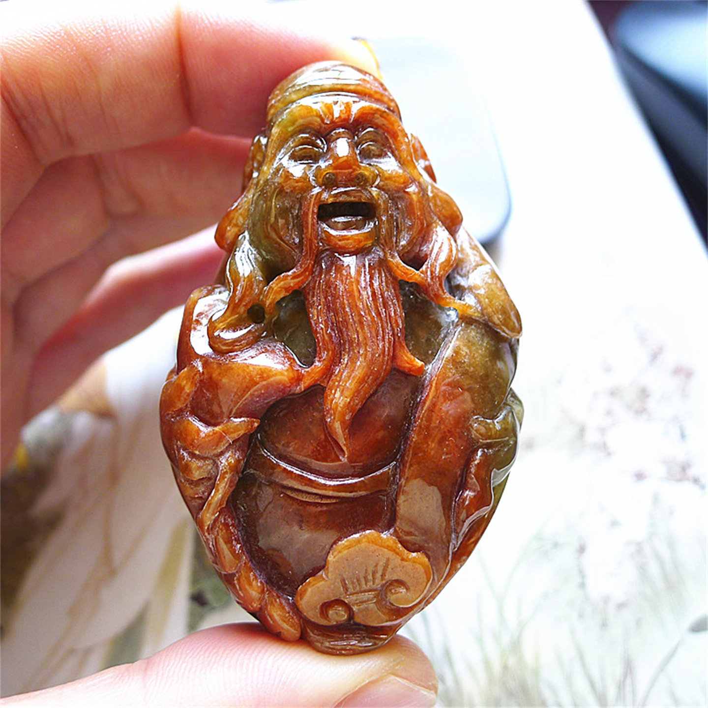 天然缅甸翡翠A货老坑种精雕精美水润如意财神爷手把件配证书