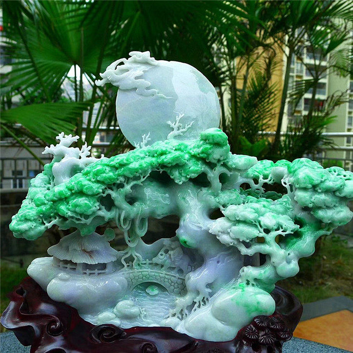 天然翡翠A货老坑种精雕山水摆件配证书