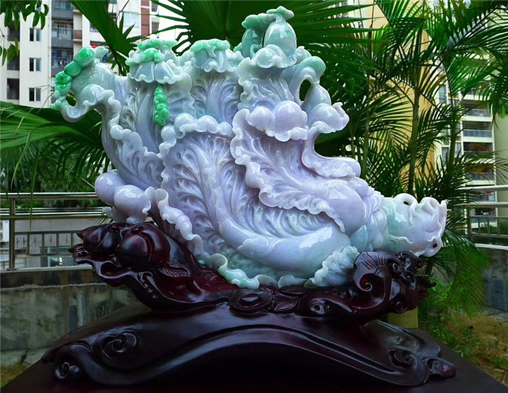 缅甸天然翡翠A货老坑种 精雕招财白菜摆件 配证书