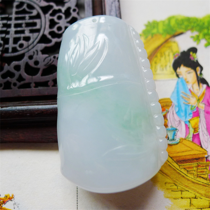 天然翡翠A货老坑种精雕水润竹子富贵竹吊坠配证书